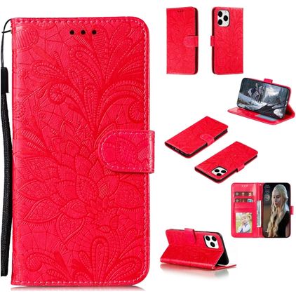 Mobigear Flowers iPhone 12 Hülle Klapphülle Geldbörse - Rot