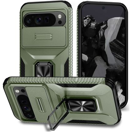 Mobigear Armor Ring Cam Slide Google Pixel 9 Pro XL Hülle Hardcase Backcover Stoßfest mit Ringhalter und Kamera Slider - Grün