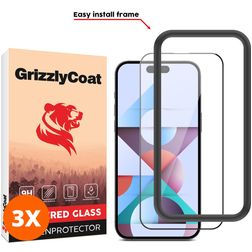 GrizzlyCoat Easy Fit iPhone 15 Pro Panzerglas Displayschutz - Hüllenfreundlich + Montagerahmen - Schwarz (3er Pack)