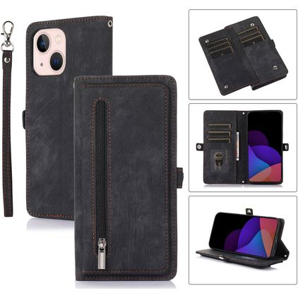 Mobigear Zipper iPhone 14 Plus Hülle Klapphülle Geldbörse - Schwarz