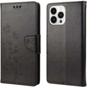 Mobigear Flowers iPhone 14 Pro Max Hülle Klapphülle Geldbörse - Schwarz