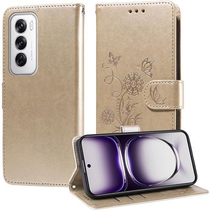 Mobigear Flowers OPPO Reno 12 Pro Hülle Klapphülle Geldbörse - Gold