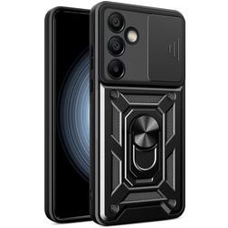 Mobigear Armor Ring Cam Slide Samsung Galaxy S24 FE Hülle Hardcase Backcover Stoßfest mit Ringhalter und Kamera Slider - Schwarz