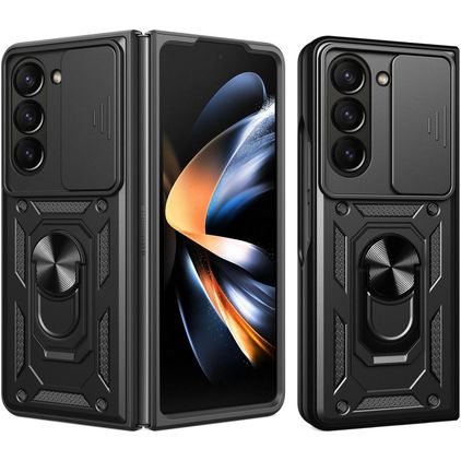 Mobigear Armor Ring Cam Slide Samsung Galaxy Z Fold 7 Hülle Hardcase Backcover Stoßfest mit Ringhalter und Kamera Slider - Schwarz