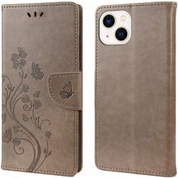Mobigear Flowers iPhone 14 Hülle Klapphülle Geldbörse - Grau