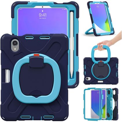 Mobigear RingGuard iPad Mini 7 (2024) Hülle Kunststoff,Silikon Backcover + Stifthalter + Schulterträger + Ständer - Blau