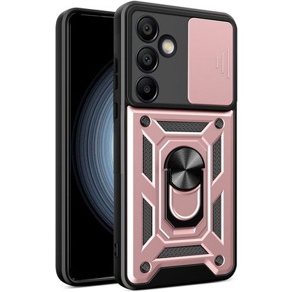 Mobigear Armor Ring Cam Slide Samsung Galaxy S24 FE Hülle Hardcase Backcover Stoßfest mit Ringhalter und Kamera Slider - Roségold