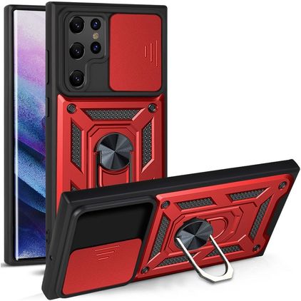 Mobigear Armor Ring Cam Slide Samsung Galaxy S22 Ultra Hülle Hardcase Backcover Stoßfest mit Ringhalter - Rot