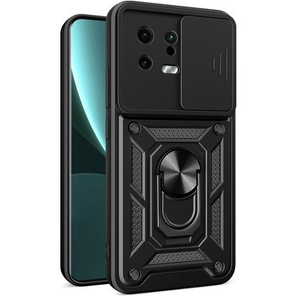 Mobigear Armor Ring Cam Slide Xiaomi 13 Hülle Hardcase Backcover Stoßfest mit Ringhalter und Kamera Slider - Schwarz