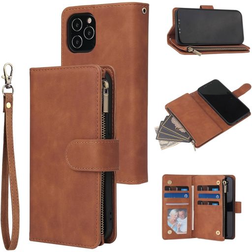 Mobigear Zipper iPhone 12 Pro Hülle Klapphülle Geldbörse - Braun