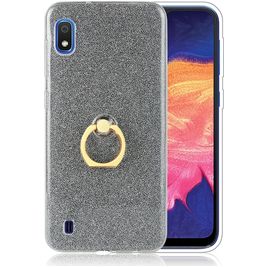 Mobigear Glitter Ring Samsung Galaxy A10 Hülle Flexibles TPU Backcover mit Ringhalter - Schwarz