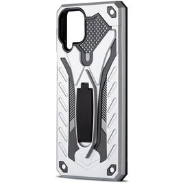 Mobigear Armor Stand Samsung Galaxy A12 Hülle Hardcase Backcover Stoßfest mit Ständer - Silber