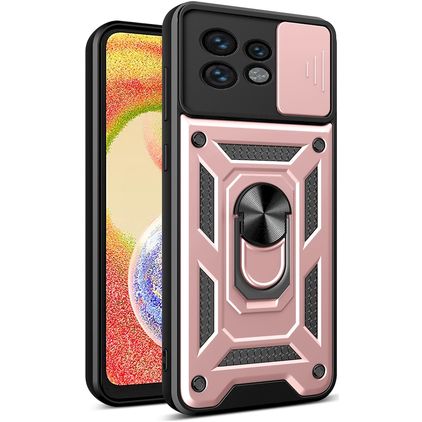 Mobigear Armor Ring Cam Slide Motorola Edge 40 Pro Hülle Hardcase Backcover Stoßfest mit Ringhalter und Kamera Slider - Roségold