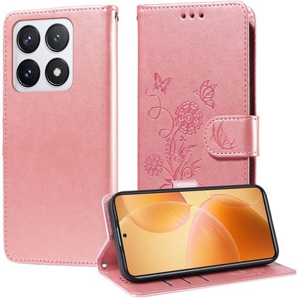 Mobigear Flowers Xiaomi 14T Pro Hülle Klapphülle Geldbörse - Roségold