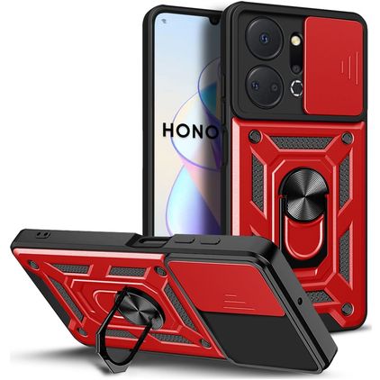 Mobigear Armor Ring Cam Slide HONOR X7A Hülle Hardcase Backcover Stoßfest mit Ringhalter und Kamera Slider - Rot