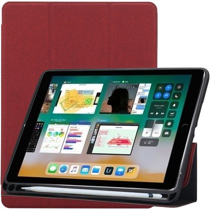 Mobigear Tri-Fold Gel iPad 6 (2018) Hülle TPU,Kunstleder Klapphülle + Stifthalter - Weinrot