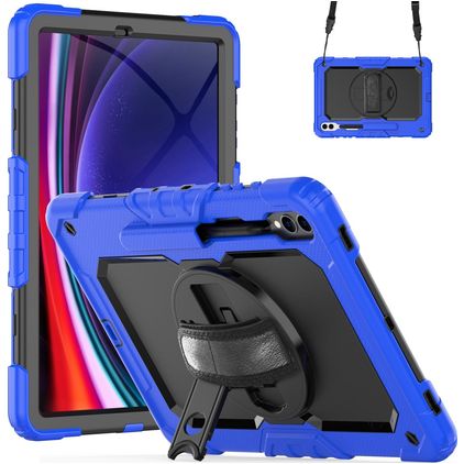Mobigear SureGrip Xtreme Samsung Galaxy Tab S9 FE Plus Hülle Kunststoff,Silikon Backcover + Stifthalter + Schulterträger + Ständer - Dunkelblau