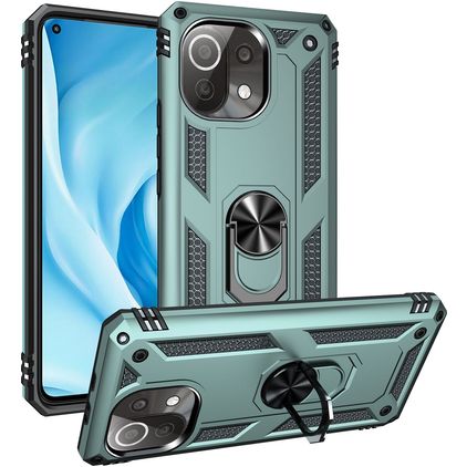 Mobigear Armor Ring Xiaomi Mi 11 Lite Hülle Hardcase Backcover Stoßfest mit Ringhalter - Grün