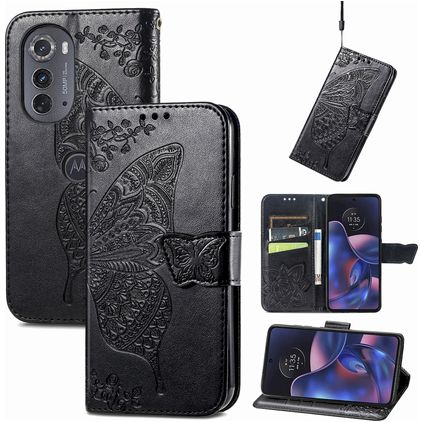 Mobigear Butterfly Motorola Edge (2022) Hülle Klapphülle Geldbörse - Schwarz