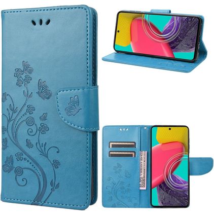 Mobigear Flowers Samsung Galaxy M53 Hülle Klapphülle Geldbörse - Blau