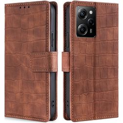 Mobigear Croco POCO X5 Pro Hülle Klapphülle Geldbörse - Cognac