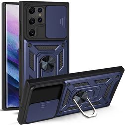 Mobigear Armor Ring Cam Slide Samsung Galaxy S22 Ultra Hülle Hardcase Backcover Stoßfest mit Ringhalter - Blau