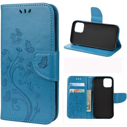 Mobigear Flowers iPhone 12 Pro Hülle Klapphülle Geldbörse - Blau