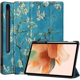 Mobigear Tri-Fold Gel Samsung Galaxy Tab S7 FE Hülle TPU,Kunstleder Klapphülle + Stifthalter - Mandelblüten