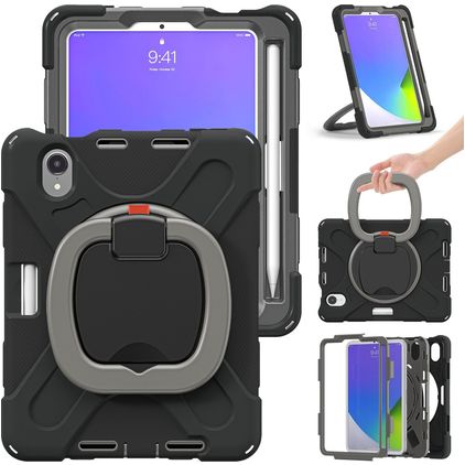 Mobigear RingGuard iPad Mini 6 (2021) Hülle Kunststoff,Silikon Backcover + Stifthalter + Schulterträger + Ständer - Schwarz