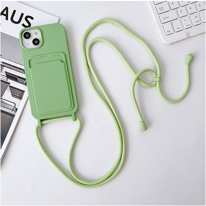 Mobigear Lanyard Card iPhone 15 Plus Silikon Handykette mit Kartenhalter - Grün