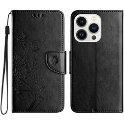 Mobigear Flowers iPhone 16 Pro Hülle Klapphülle Geldbörse - Schwarz