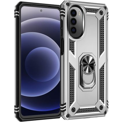 Mobigear Armor Ring Motorola Moto G82 Hülle Hardcase Backcover Stoßfest mit Ringhalter - Silber