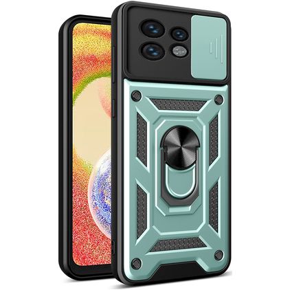 Mobigear Armor Ring Cam Slide Motorola Edge 40 Pro Hülle Hardcase Backcover Stoßfest mit Ringhalter und Kamera Slider - Grün