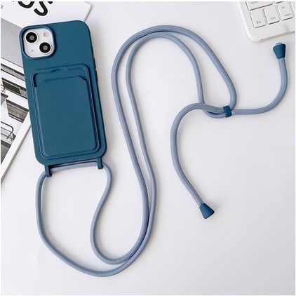 Mobigear Lanyard Card iPhone 15 Plus Silikon Handykette mit Kartenhalter - Dunkelblau