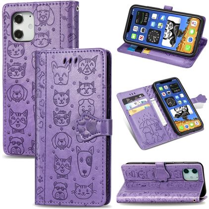 Mobigear Cat and Dog iPhone 12 Pro Max Hülle Klapphülle Geldbörse - Lila