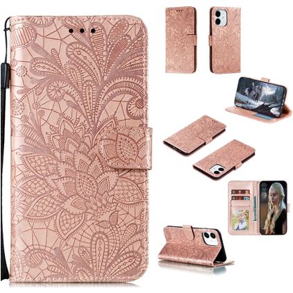 Mobigear Flowers iPhone 12 Mini Hülle Klapphülle Geldbörse - Roségold