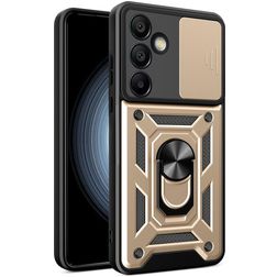 Mobigear Armor Ring Cam Slide Samsung Galaxy S24 FE Hülle Hardcase Backcover Stoßfest mit Ringhalter und Kamera Slider - Gold