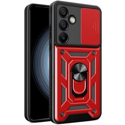 Mobigear Armor Ring Cam Slide Samsung Galaxy S24 FE Hülle Hardcase Backcover Stoßfest mit Ringhalter und Kamera Slider - Rot