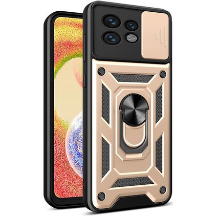 Mobigear Armor Ring Cam Slide Motorola Edge 40 Pro Hülle Hardcase Backcover Stoßfest mit Ringhalter und Kamera Slider - Gold