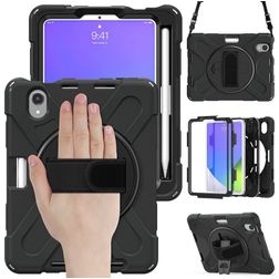 Mobigear SureGrip XGuard iPad Mini 7 (2024) Hülle Kunststoff,Silikon Backcover + Stifthalter + Schulterträger + Ständer - Schwarz