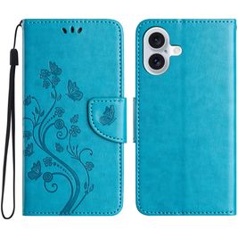 Mobigear Flowers iPhone 16 Hülle Klapphülle Geldbörse - Blau