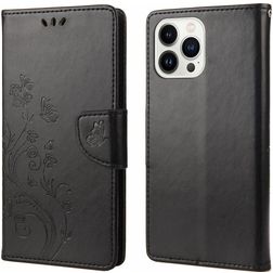 Mobigear Flowers iPhone 14 Pro Hülle Klapphülle Geldbörse - Schwarz