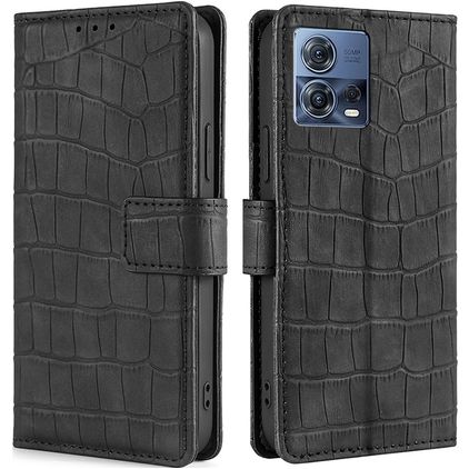 Mobigear Croco Motorola Edge 30 Fusion Hülle Klapphülle Geldbörse - Schwarz