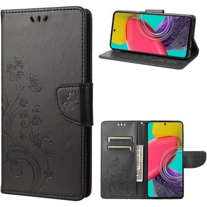 Mobigear Flowers Samsung Galaxy M53 Hülle Klapphülle Geldbörse - Schwarz