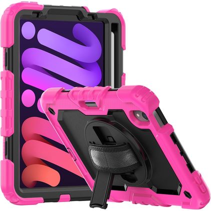 Mobigear SureGrip Xtreme iPad Mini 6 (2021) Hülle Kunststoff,Silikon Backcover + Stifthalter + Schulterträger + Ständer - Schwarz / Pink