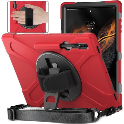 Mobigear SureGrip XGuard Samsung Galaxy Tab S8 Ultra Hülle Kunststoff,Silikon Backcover + Stifthalter + Schulterträger + Ständer - Rot
