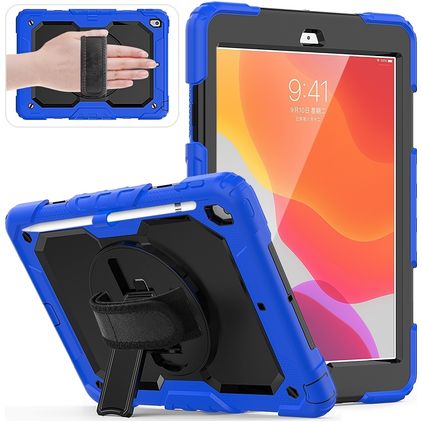 Mobigear SureGrip Xtreme iPad 7 (2019) Hülle Kunststoff,Silikon Backcover + Stifthalter + Schulterträger + Ständer - Schwarz / Blau