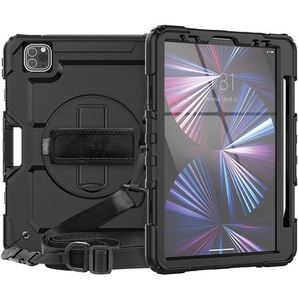 Mobigear SureGrip Xtreme iPad Pro 11 Zoll (2025) Hülle Kunststoff,Silikon Backcover + Stifthalter + Schulterträger + Ständer - Schwarz