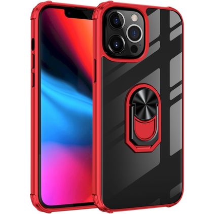 Mobigear Crystal Ring iPhone 14 Pro Max Hülle Hardcase Backcover mit Ringhalter - Transparent / Rot