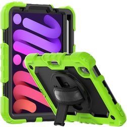 Mobigear SureGrip Xtreme iPad Mini 7 (2024) Hülle Kunststoff,Silikon Backcover + Stifthalter + Schulterträger + Ständer - Schwarz / Grün